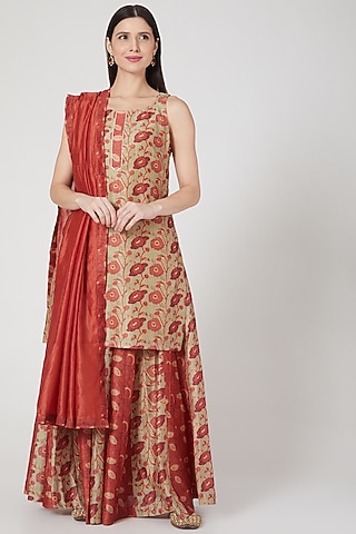 Brick Brown Embellished Sharara Set by Shree Tatvam