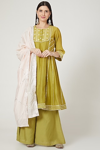 Olive Green Embellished Kurta Set by Shree Tatvam