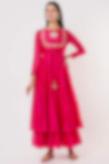 Rani-Pink Embroidered Frilled Dress by Shree Tatvam