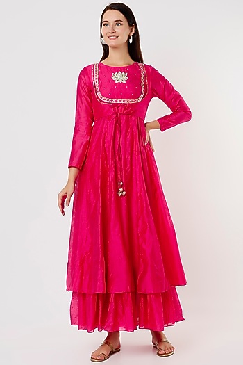 Rani-Pink Embroidered Frilled Summer Dress by Shree Tatvam at Pernia's Pop Up Shop
