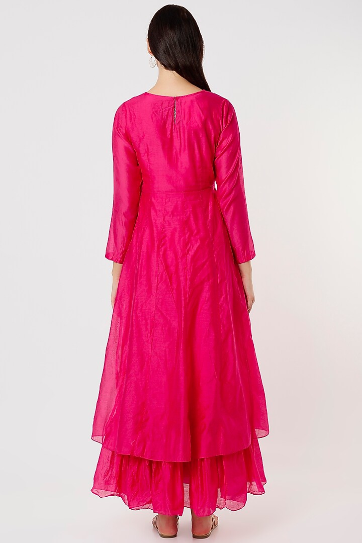 Rani-Pink Embroidered Frilled Summer Dress by Shree Tatvam at Pernia's Pop Up Shop