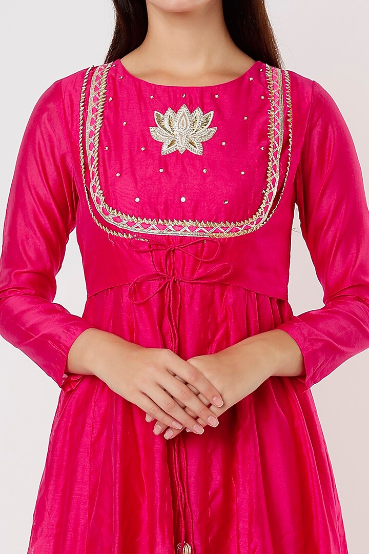 Rani-Pink Embroidered Frilled Summer Dress by Shree Tatvam at Pernia's Pop Up Shop