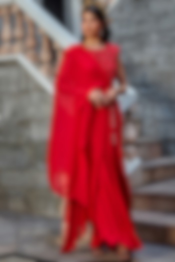 Ezra - Ivory Organza V-Neck Top With Pearl Hand-Embroidery on the Collar & Bows Paired with a Scarlet Red Draped Skirt