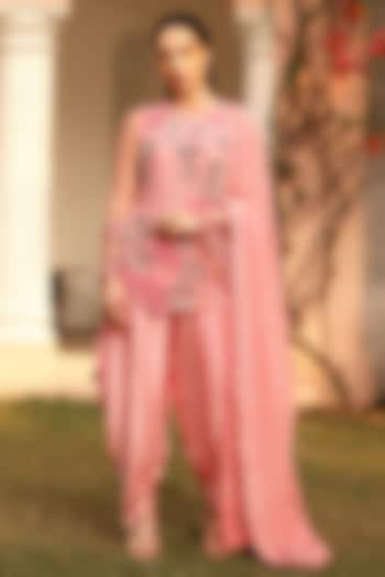 Pink Kobe Satin & Georgette Embroidered Tunic Set by Shweta Aggarwal