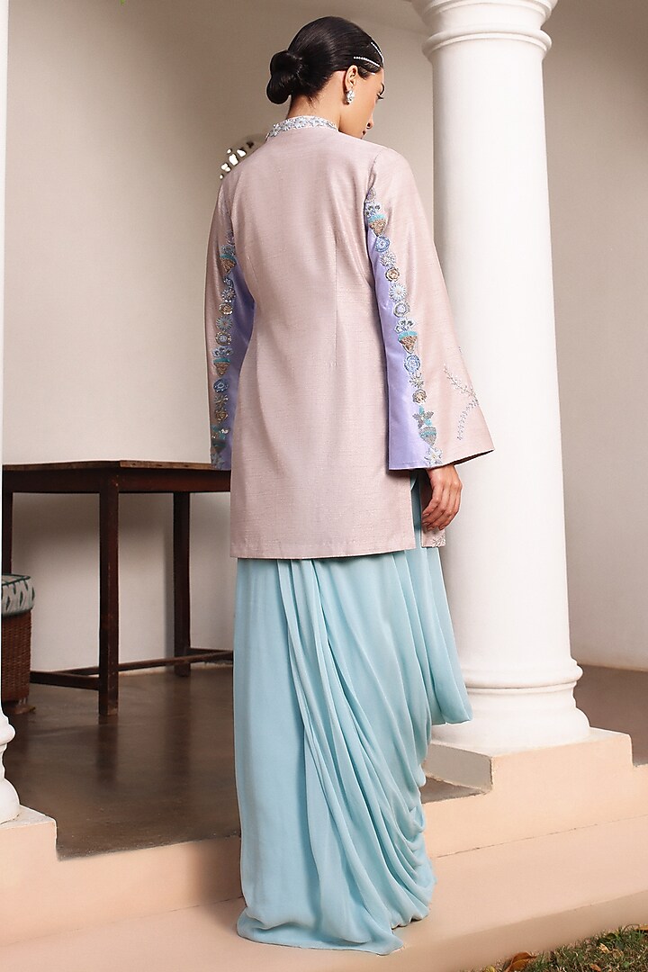 Blue Mysore Silk & Cotton Silk Embroidered Jacket Set by Shweta Aggarwal at Pernia's Pop Up Shop