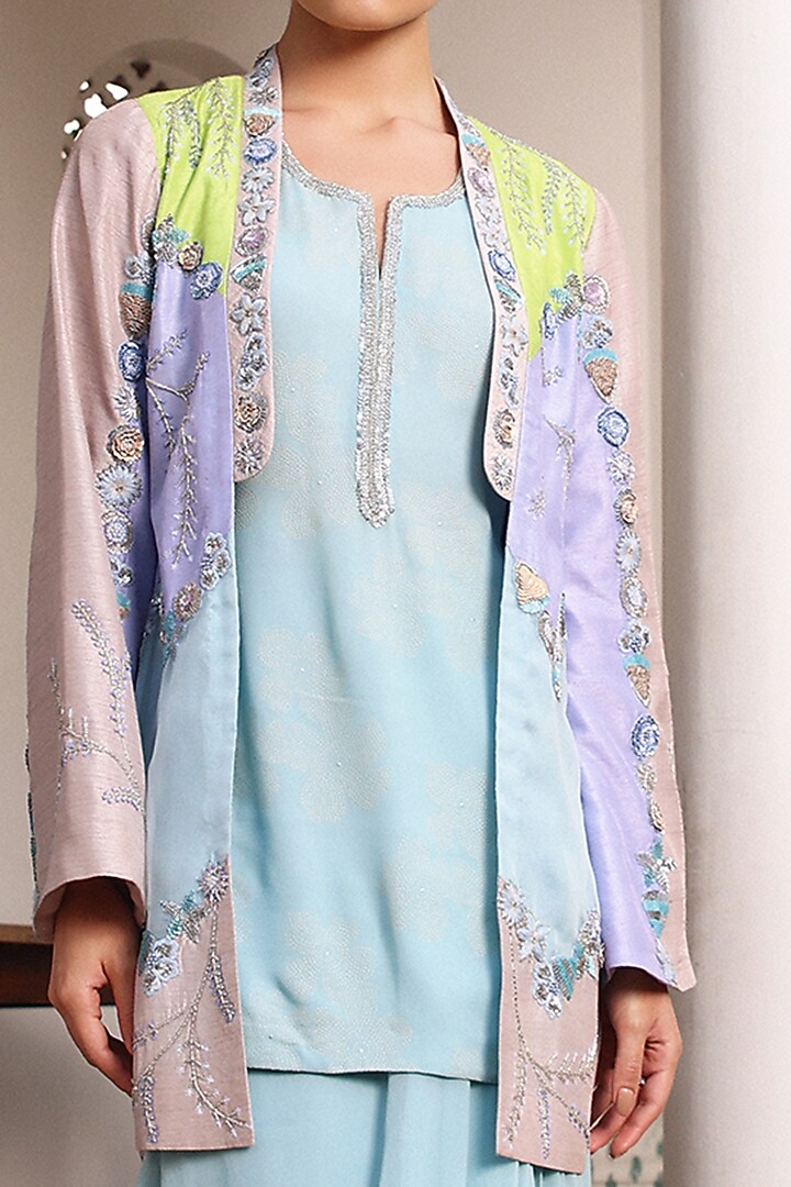 Blue Mysore Silk & Cotton Silk Embroidered Jacket Set by Shweta Aggarwal at Pernia's Pop Up Shop
