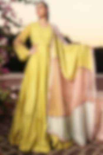 Canary Yellow Chanderi Sequins Embroidered Anarkali Set by Shweta Aggarwal