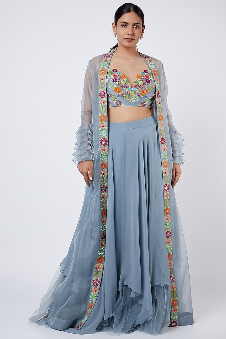 Hammered Grey Embroidered Layered Skirt Set by Shweta Aggarwal