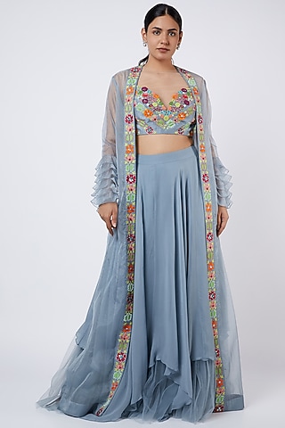 Hammered Grey Embroidered Layered Skirt Set by Shweta Aggarwal
