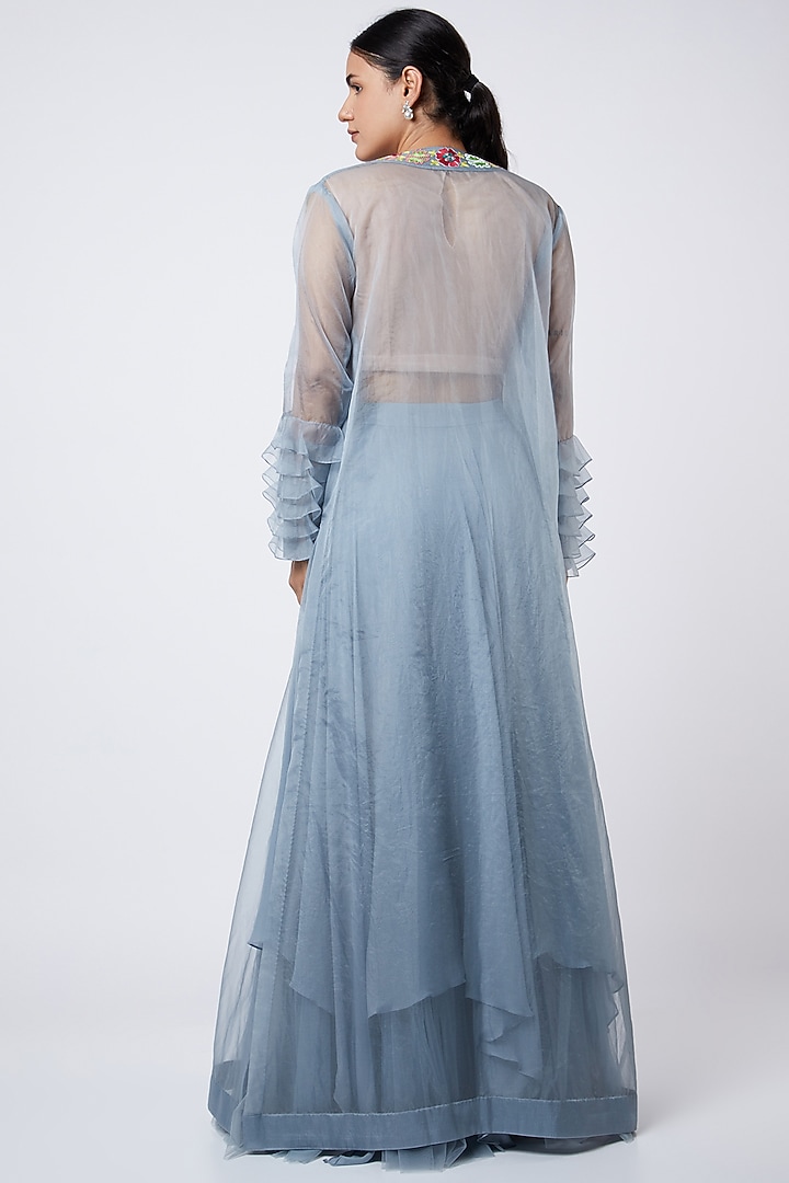 Hammered Grey Embroidered Layered Skirt Set by Shweta Aggarwal at Pernia's Pop Up Shop
