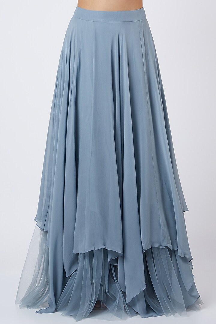 Hammered Grey Embroidered Layered Skirt Set by Shweta Aggarwal at Pernia's Pop Up Shop