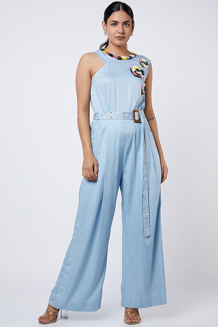 Powder Blue Embroidered Jumpsuit by Shweta Aggarwal