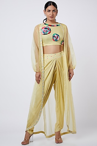 Corn Yellow Dhoti Set With Embroidered Crop Top by Shweta Aggarwal