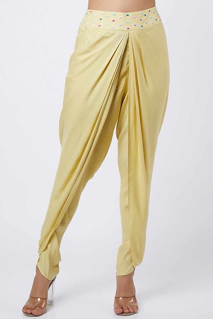 Corn Yellow Dhoti Set With Embroidered Crop Top by Shweta Aggarwal at Pernia's Pop Up Shop