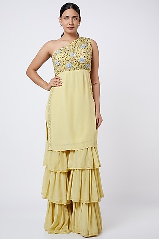 Corn Yellow Embroidered Sharara Set by Shweta Aggarwal