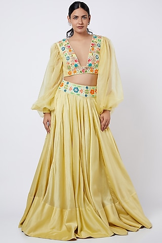 Corn Yellow Embroidered Lehenga Set by Shweta Aggarwal