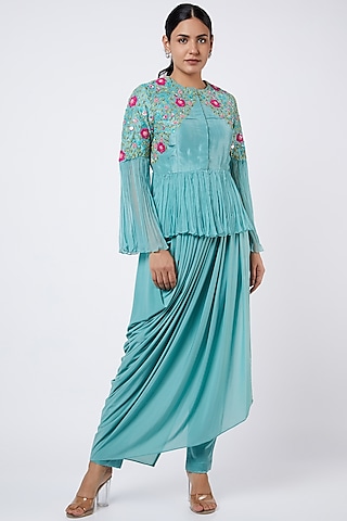 Aqua Blue Embroidered Peplum Tunic Set by Shweta Aggarwal