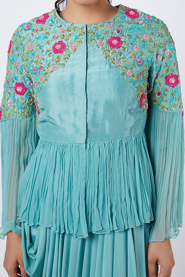 Aqua Blue Embroidered Peplum Tunic Set by Shweta Aggarwal at Pernia's Pop Up Shop