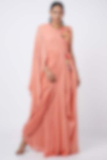 Neon Peach Georgette Draped Dress by Shweta Aggarwal