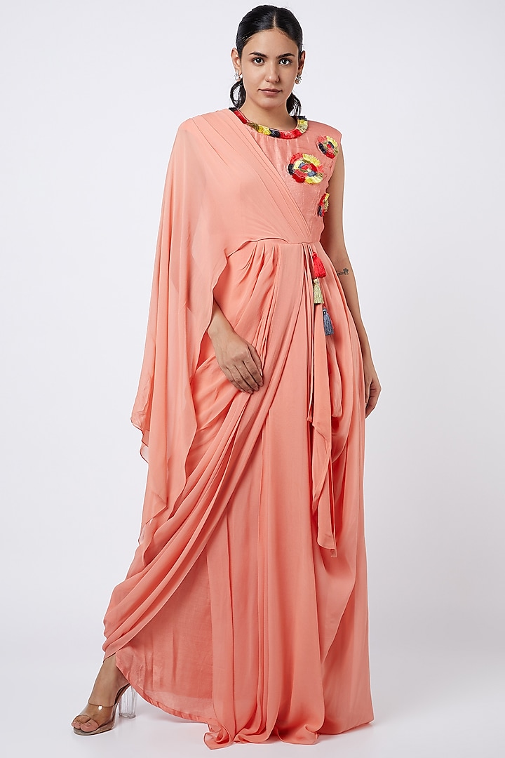 Neon Peach Georgette Draped Dress by Shweta Aggarwal