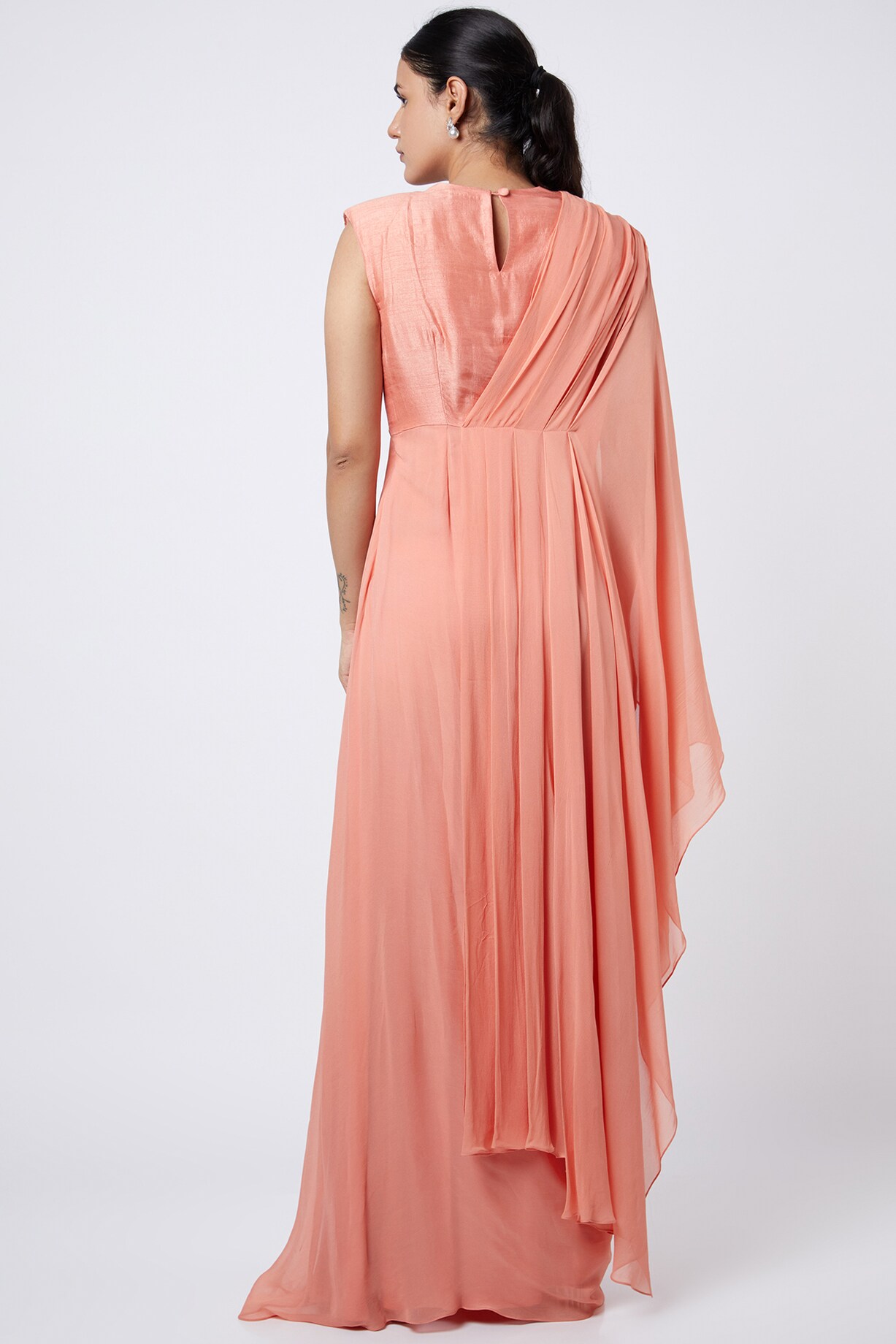 Neon Peach Georgette Draped Dress by Shweta Aggarwal at Pernia's