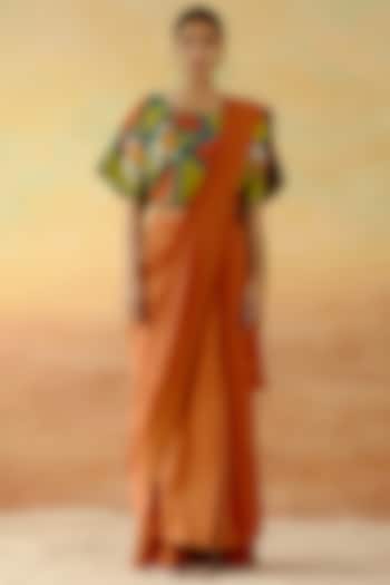 Sandstone Orange Satin Draped Saree Set by Shweta Aggarwal