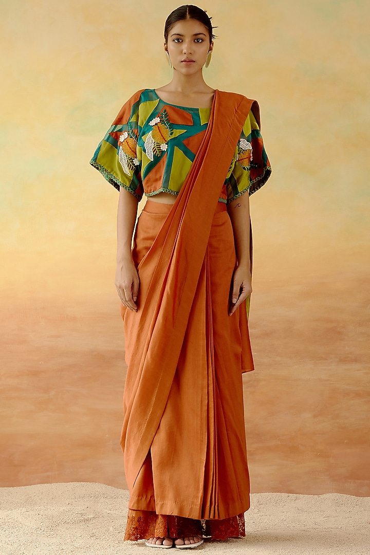 Sandstone Orange Satin Draped Saree Set by Shweta Aggarwal