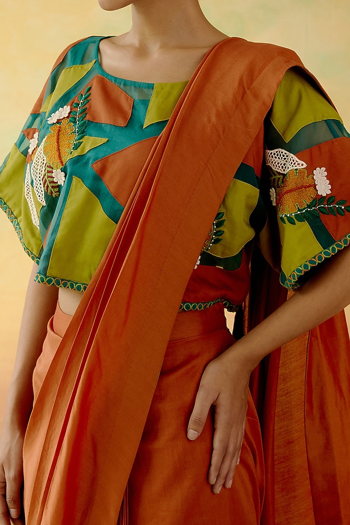 Sandstone Orange Satin Draped Party Wear Saree Set by Shweta Aggarwal at Pernia's Pop Up Shop