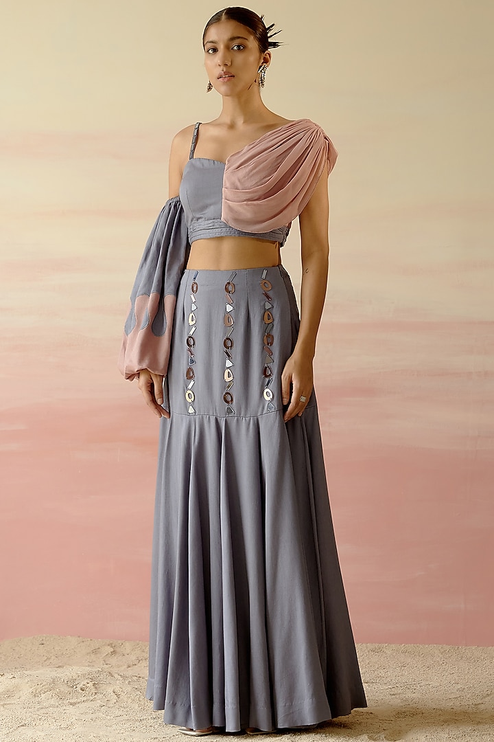 Smokey Grey Satin Skirt Set by Shweta Aggarwal at Pernia's Pop Up Shop