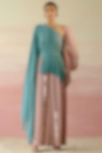 Rose Beige & Teal Green Cotton Satin Jumpsuit by Shweta Aggarwal