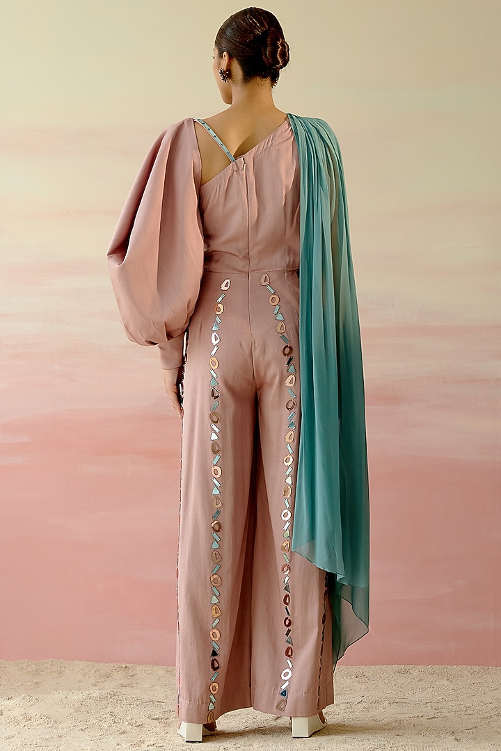 Rose Beige & Teal Green Cotton Satin Jumpsuit by Shweta Aggarwal at Pernia's Pop Up Shop