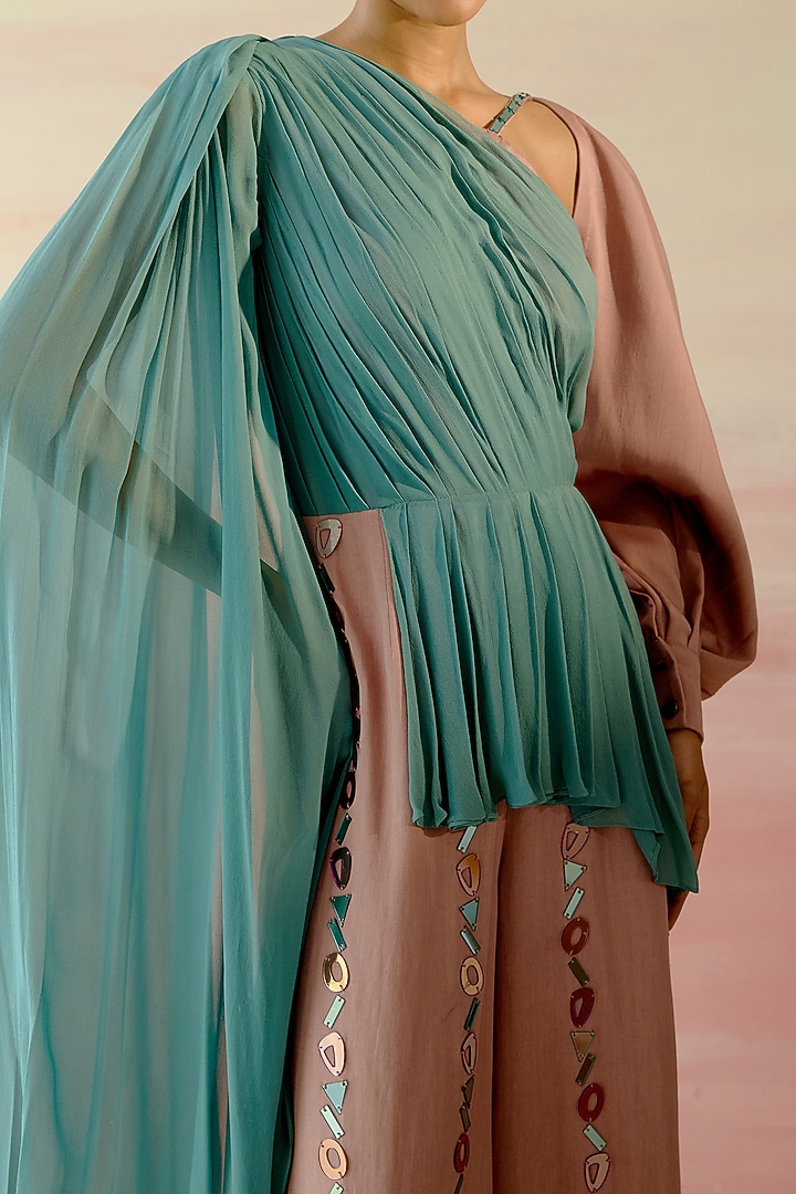 Rose Beige & Teal Green Cotton Satin Jumpsuit by Shweta Aggarwal at Pernia's Pop Up Shop