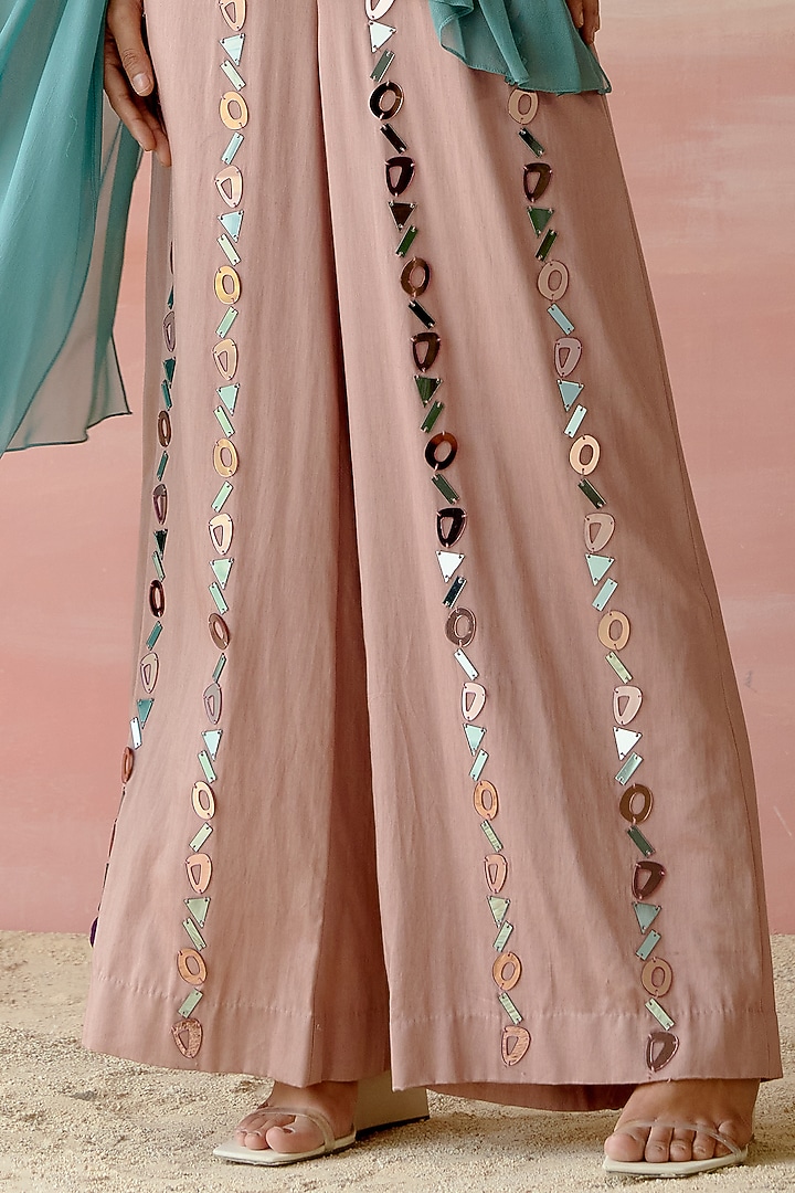 Rose Beige & Teal Green Cotton Satin Jumpsuit by Shweta Aggarwal at Pernia's Pop Up Shop