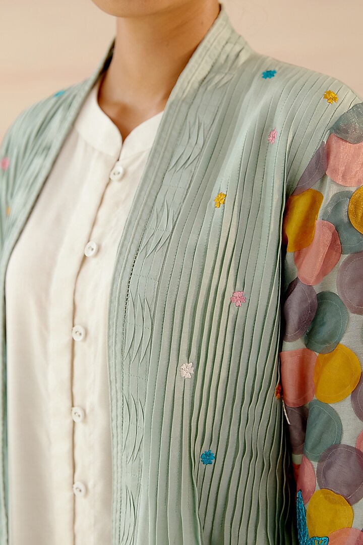 Frosty Green & White Embroidered Jacket Vacation Dress by Shweta Aggarwal at Pernia's Pop Up Shop