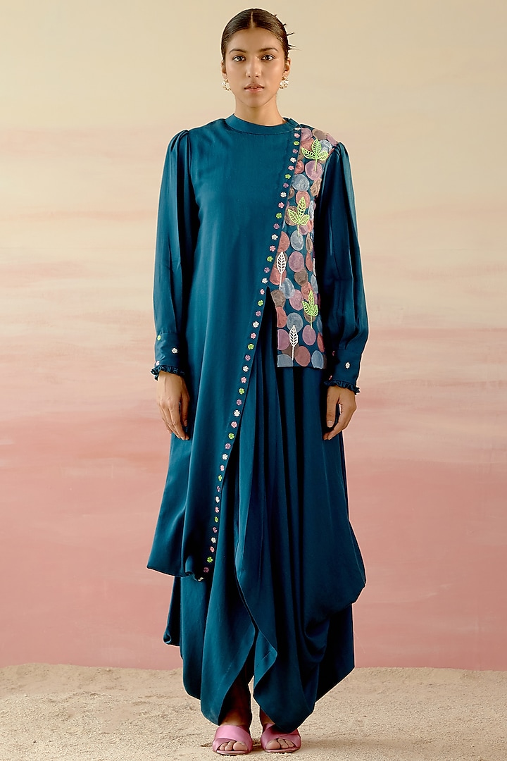 Indigo Blue Embroidered Draped Dress by Shweta Aggarwal