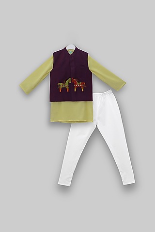 Pale Yellow Kurta Set With Hand Embroidered Jacket For Boys by TURQIDZ