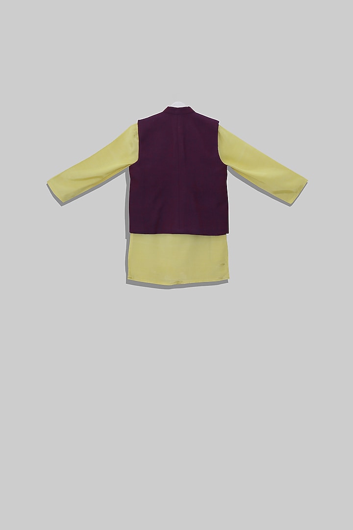 Pale Yellow Kurta Set With Hand Embroidered Jacket For Boys by TURQIDZ at Pernia's Pop Up Shop