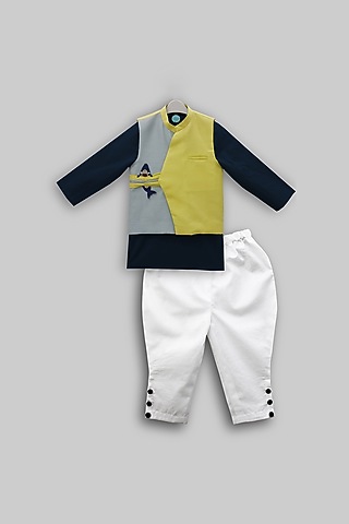 Navy Blue Kurta Set With Embroidered Nehru Jacket For Boys by TURQIDZ
