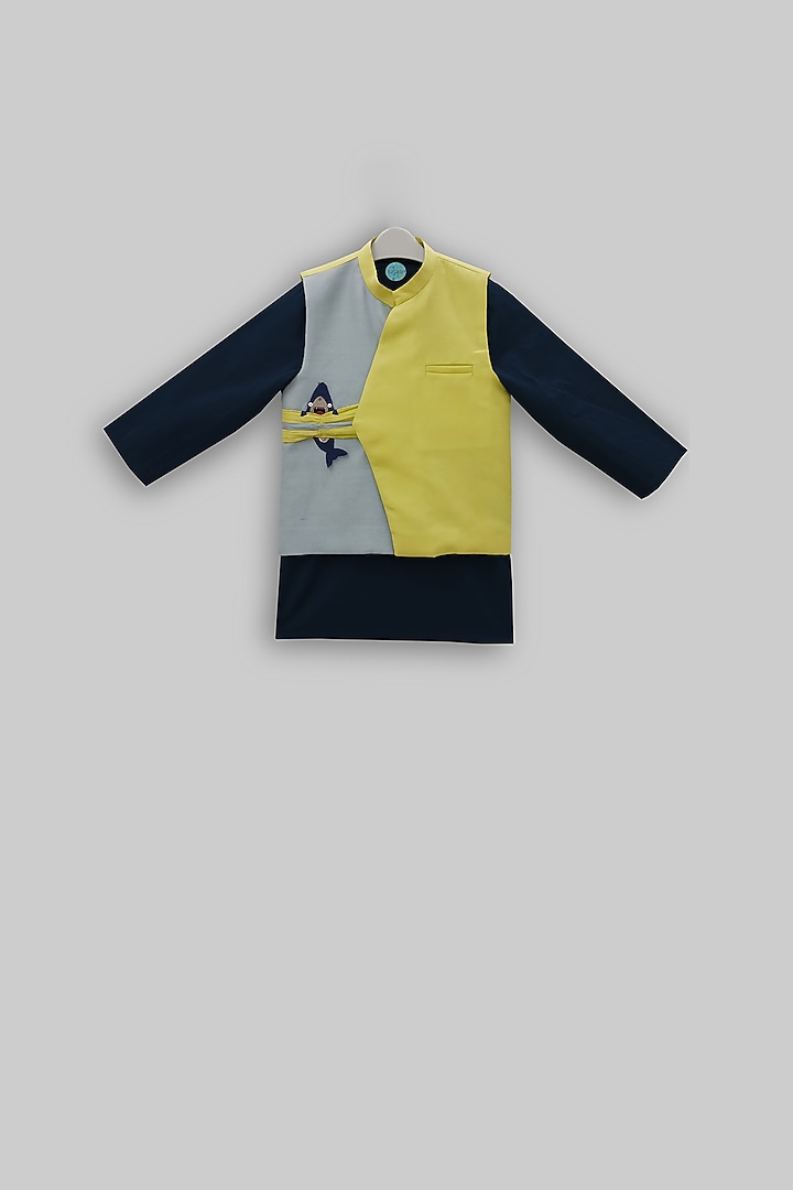 Navy Blue Kurta Set With Embroidered Nehru Jacket For Boys by TURQIDZ at Pernia's Pop Up Shop