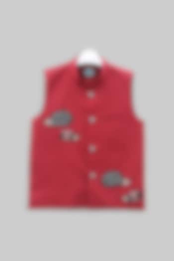 Cadmium Red Embroidered Nehru Jacket For Boys by TURQIDZ