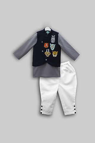 Grey Kurta Set With Embroidered Nehru Jacket For Boys by TURQIDZ