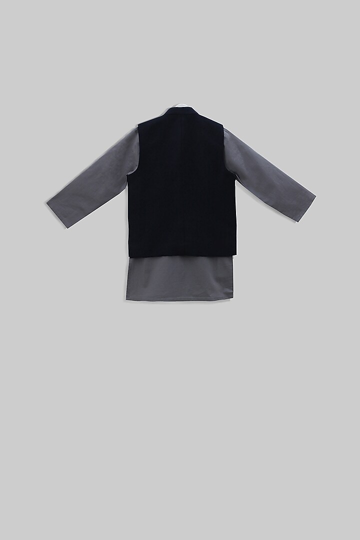 Grey Kurta Set With Embroidered Nehru Jacket For Boys by TURQIDZ at Pernia's Pop Up Shop