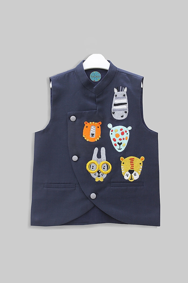 Navy Blue Embroidered Nehru Jacket For Boys by TURQIDZ