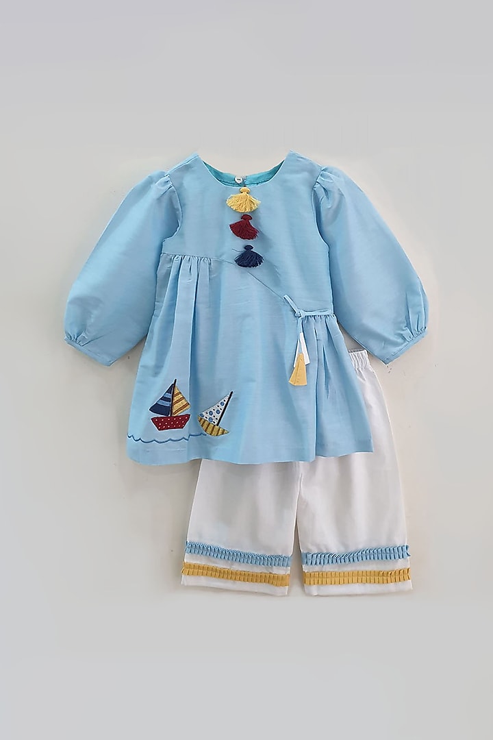 Powder Blue Embroidered Tunic Set For Girls by TURQIDZ