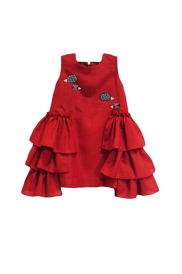 Cadmium Red Embroidered Frilled Dress For Girls by TURQIDZ