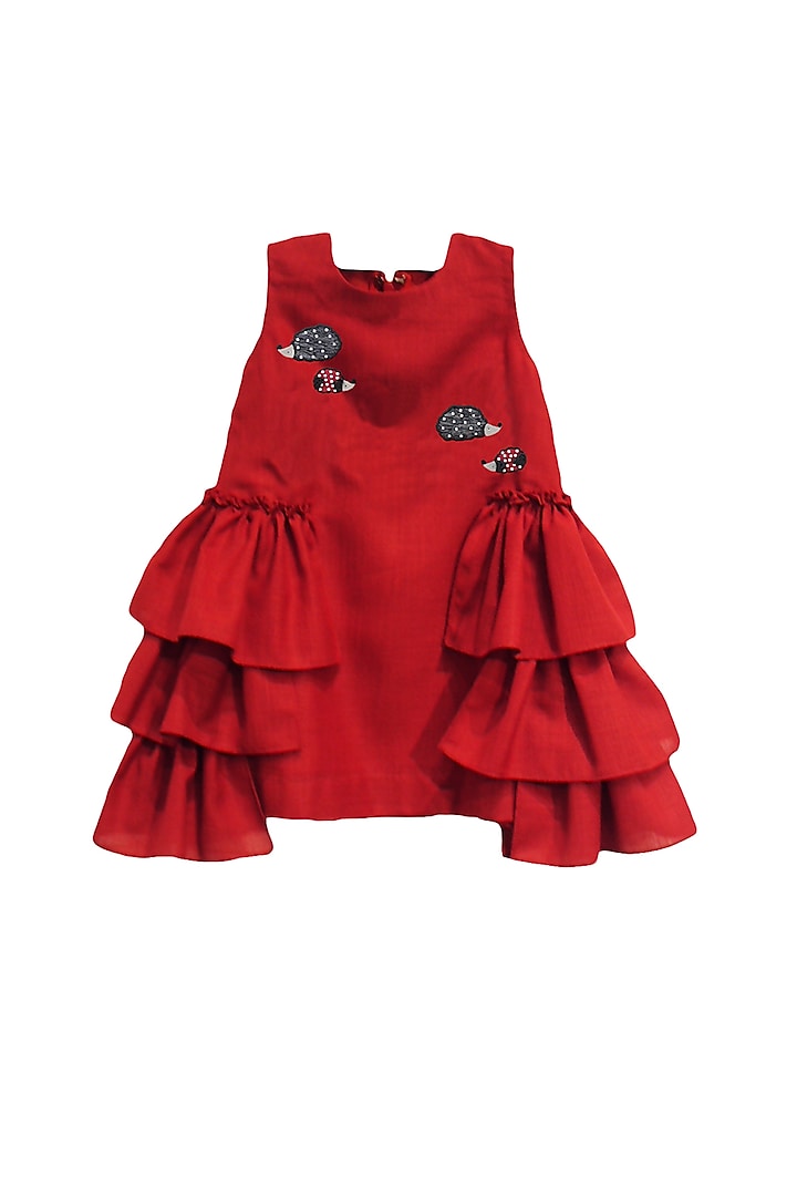 Cadmium Red Embroidered Frilled Dress For Girls by TURQIDZ at Pernia's Pop Up Shop