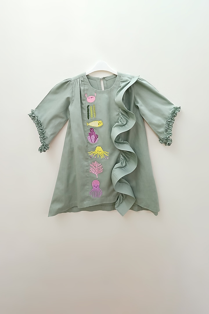 Aquamarine Green Embroidered Dress For Girls by TURQIDZ