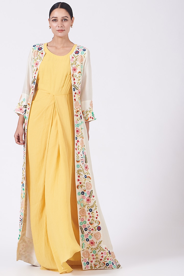 Yellow Dress With Embroidered Cape by Shweta Aggarwal