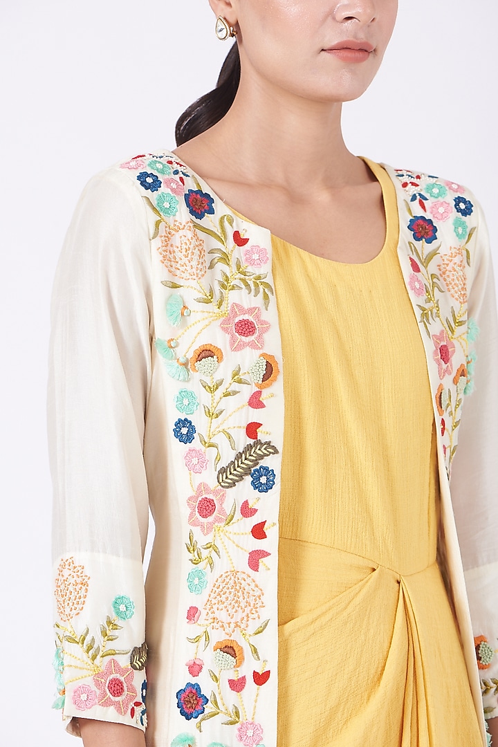 Yellow Double Georgette Slub & Mysore Silk Cocktail Dress With Embroidered Cape by Shweta Aggarwal at Pernia's Pop Up Shop