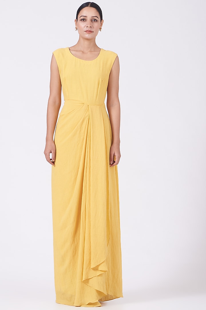 Yellow Double Georgette Slub & Mysore Silk Cocktail Dress With Embroidered Cape by Shweta Aggarwal at Pernia's Pop Up Shop